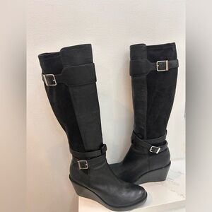 COLE HAAN NIKE AIR PATRICIA WEDGE BLACK LEATHETR BOOTS